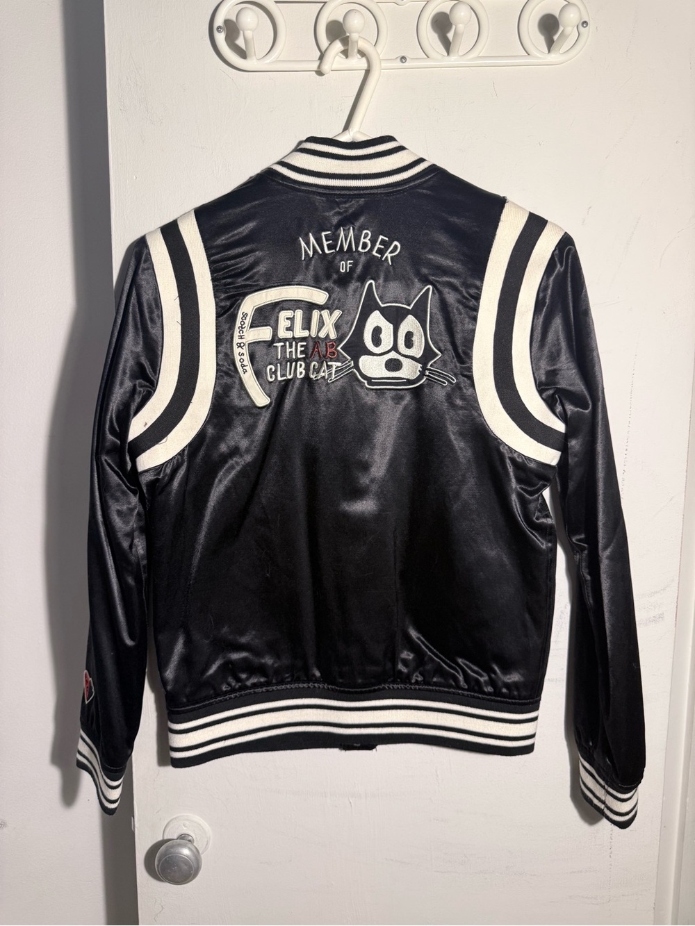 Scotch & Soda Black and White Bomber Jacket with Felix Club Cat Patch